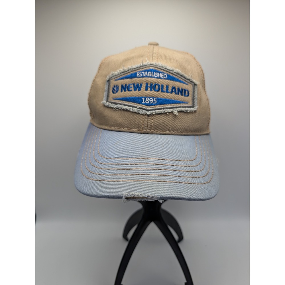 New Holland Agriculture Trucker Hat K-Products Tan Blue Distressed Snapback Cap